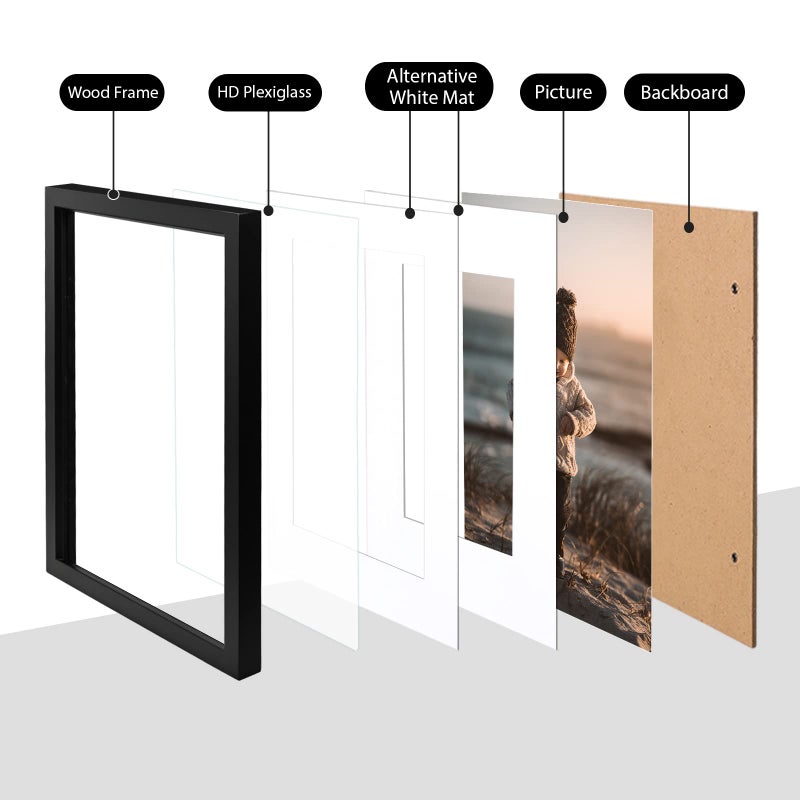 KINLINK 11x14 Picture Frame Black, Solid Wood Frames with Acrylic Plexiglass for Pictures 5x7/8x10 with Mat or 11x14 without Mat, Tabletop and Wall Display, Set of 4 - Image 3